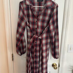 Plaid Button-Up Dress with Belt